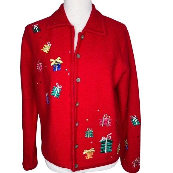 Karen Scott Red Wool Embroidered Holiday Gifts Bows Button Cardigan Sweater Med - Picture 2 of 14
